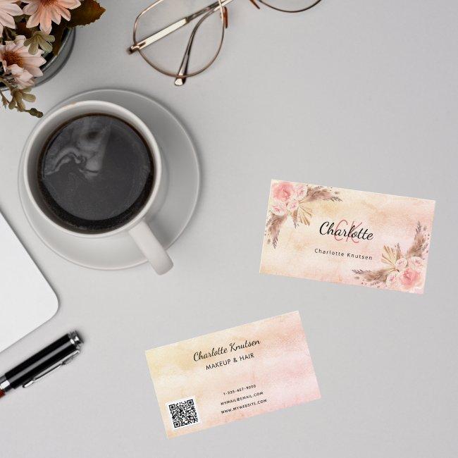 Pampas grass blush pink florals monogram QR code