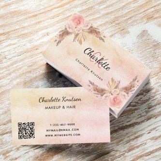 Pampas grass blush pink florals monogram QR code