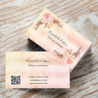 Pampas grass blush pink florals script QR code