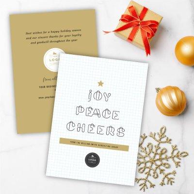 Paper Clips Joy Peace Cheers Blue Grids Corporate  Holiday Card