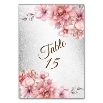 Party Pink Watercolor Flowers Shiny Glitter Modern Table Number