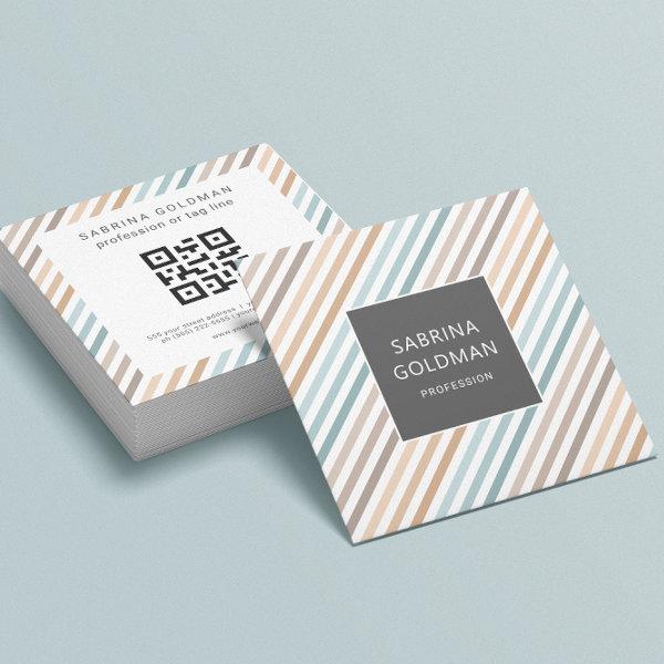 Pastel Blue Gray Gold Stripes QR CODE  Square