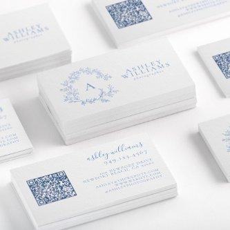 Pastel Blue Monogram Floral Crest QR Code