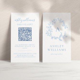 Pastel Blue Monogram QR Code Floral Crest