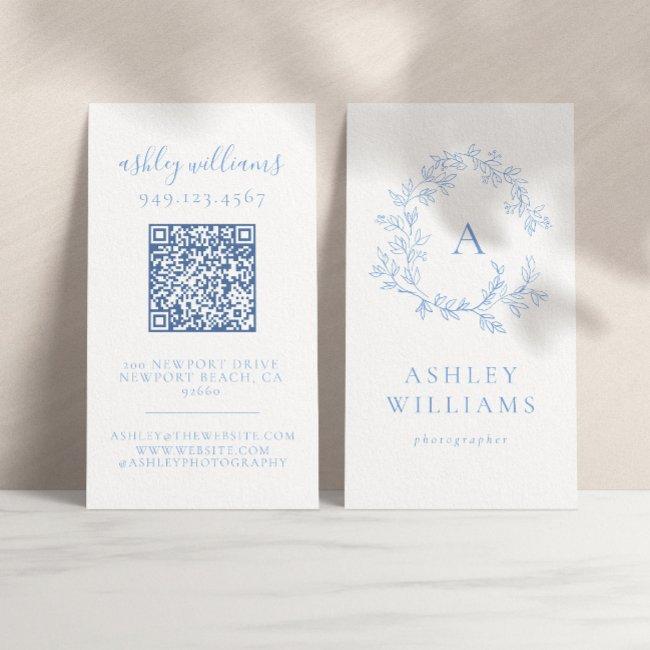Pastel Blue Monogram QR Code Floral Crest