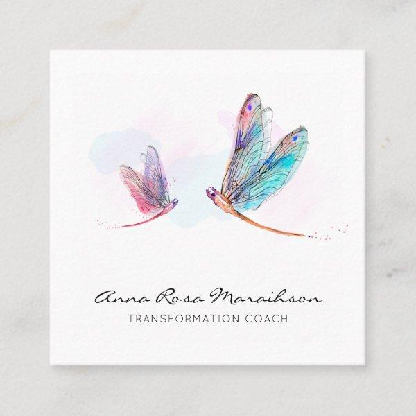 *~* Pastel Blue Pink Watercolor Dragonfly Business Square