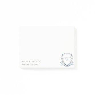 Pastel Blue Wildflower Watercolor Crest Monogram Post-it Notes