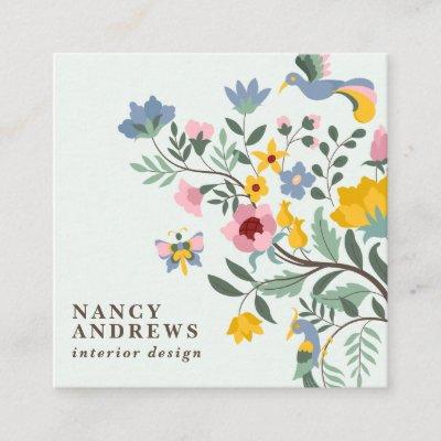 Pastel green floral bouquet whimsical illustration square