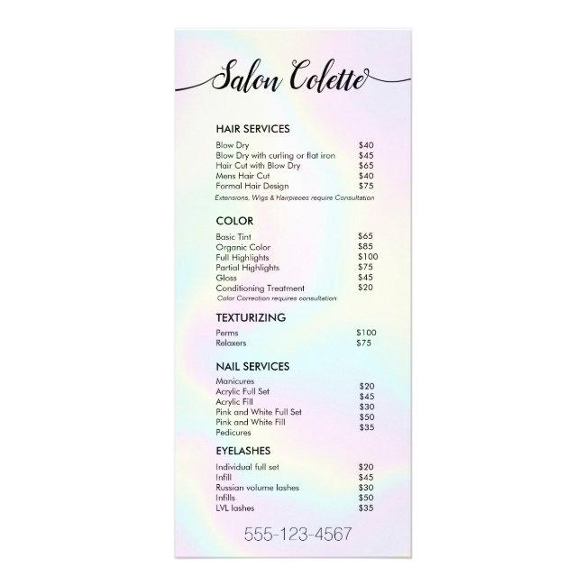 Pastel Iridescent Calligraphy Salon Service Menu