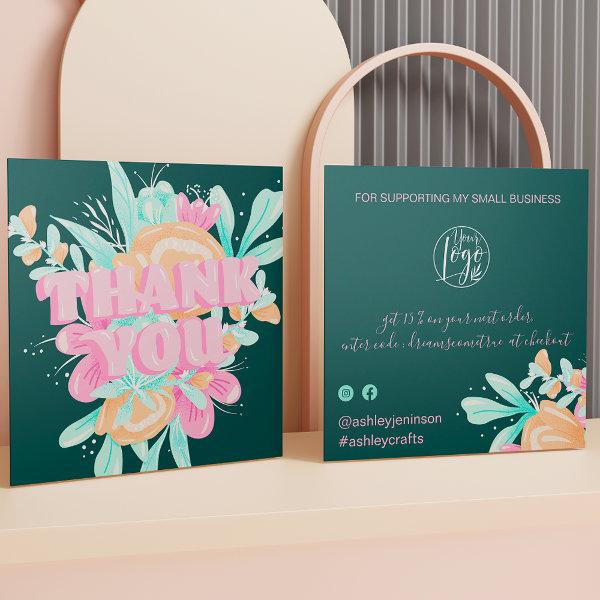 Pastel pink floral retro script order thank you square