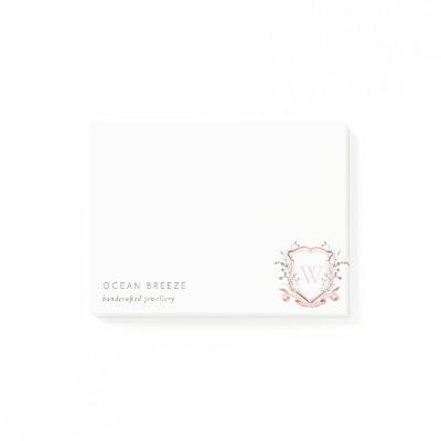 Pastel Pink Wildflower Watercolor Crest Monogram  Post-it Notes