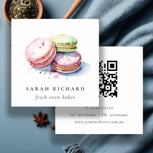 Pastel Watercolor French Macarons Bakery QR Code Square