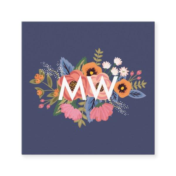 Pastels & Dark Blue Boho Floral Bouquet Monogram Square