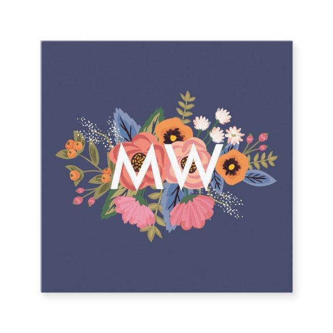Pastels & Dark Blue Boho Floral Bouquet Monogram Square