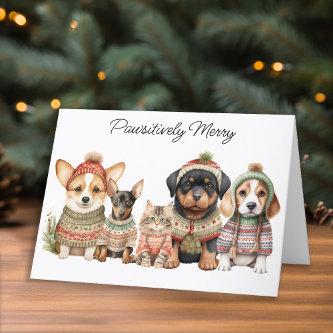 Pawsitively Merry Christmas Cute Dog Cat Pets Holiday Card