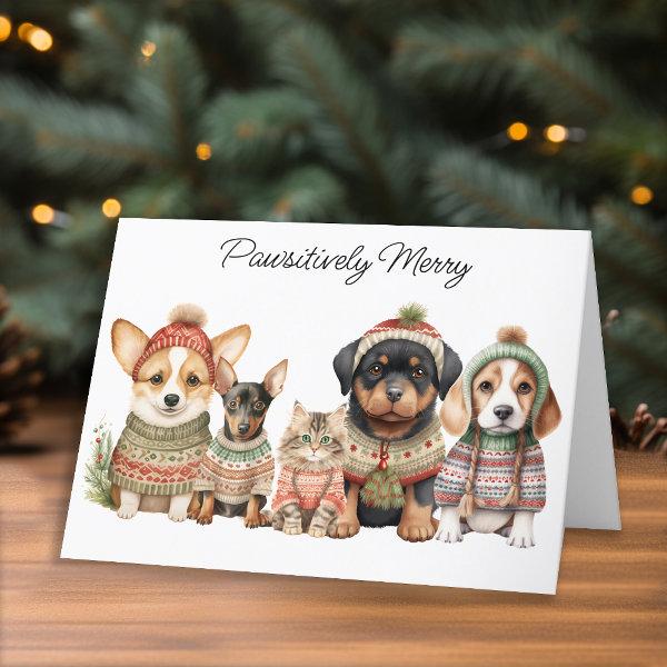 Pawsitively Merry Christmas Cute Dog Cat Pets Holiday Card