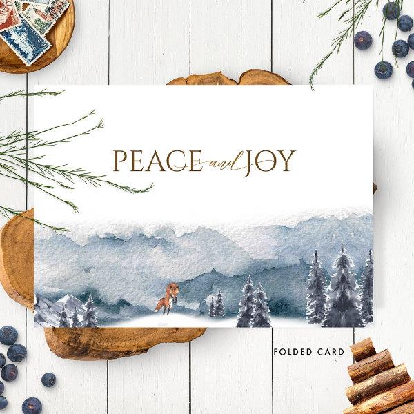Peace and Joy, Watercolor Forest and Fox, Elegant Holiday Card