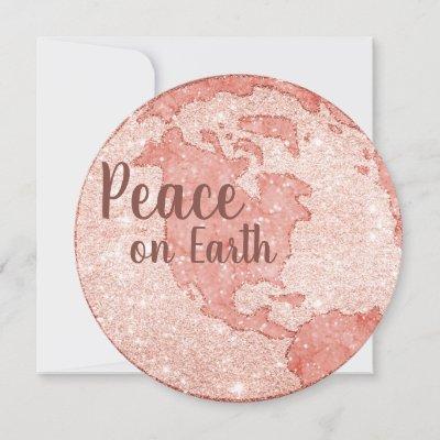 Peace on Earth Rose Gold Glitter Pink Christmas Holiday Card