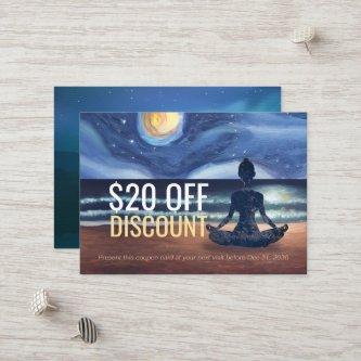 Peaceful Yoga Meditation Moonlight Sky Ocean Beach Discount Card