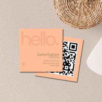 Peach fuzz Coral Pink Retro Hello QR Code Square