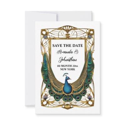 Peacock abstract art nouveau frame decorative save the date