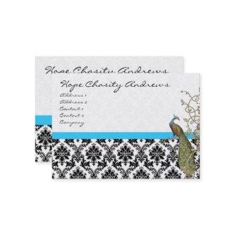 Peacock Black White Damask Bright Aqua Trim