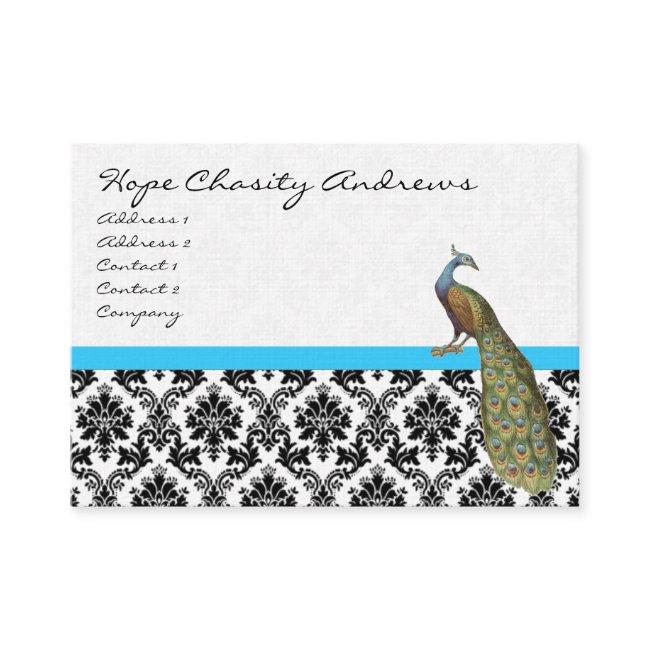 Peacock Black White Damask Bright Aqua Trim