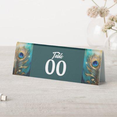 Peacock feather plume luxury marbled dark teal  table tent sign