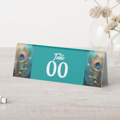 Peacock feather plume luxury marbled teal green table tent sign