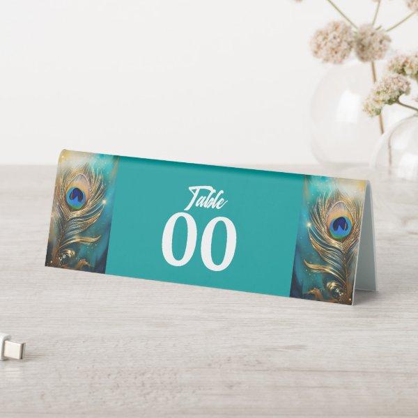 Peacock feather plume luxury marbled teal green table tent sign