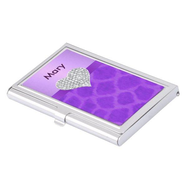 Personalize Diamond Heart Purple Giraffe Card Case