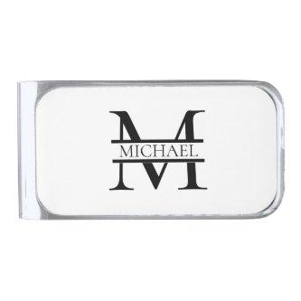 Personalized Elegant Monogram and Name White  Silver Finish Money Clip
