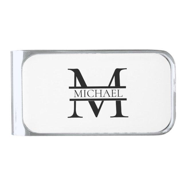 Personalized Elegant Monogram and Name White  Silver Finish Money Clip