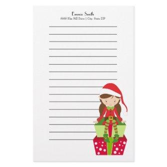 Personalized Lined Christmas Elf and Presents Stationery