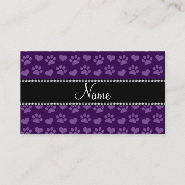 Personalized name purple hearts and paw prints calling card