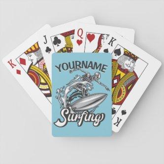 Personalized NAME Surfer Big Wave Skeleton Surfing Playing Cards