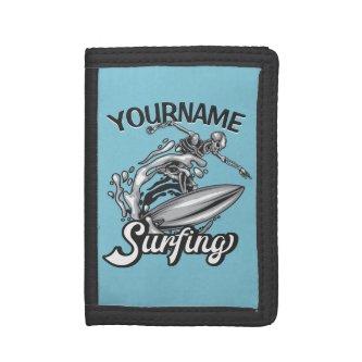 Personalized NAME Surfer Big Wave Skeleton Surfing Trifold Wallet