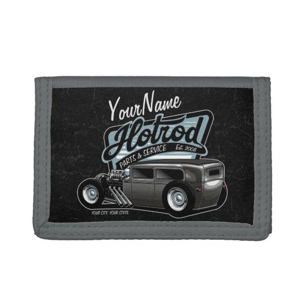 Personalized Suede Hot Rod Sedan Speed Shop Garage Trifold Wallet