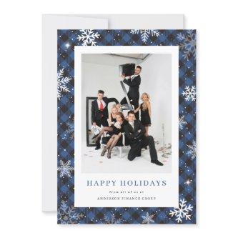 Photo Blue Plaid Snowflake Corporate Business Holiday Card