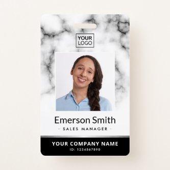 Photo logo white marble black modern employee id badge