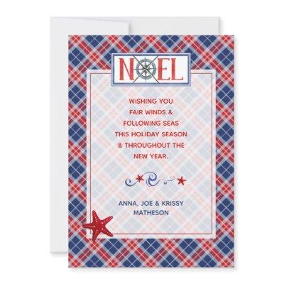 Photo NOEL #Nautical Fair Winds Red & Blue #Plaid Holiday Card