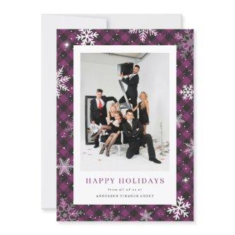 Photo Purple Plaid Snowflake Corporate Business Holiday Card