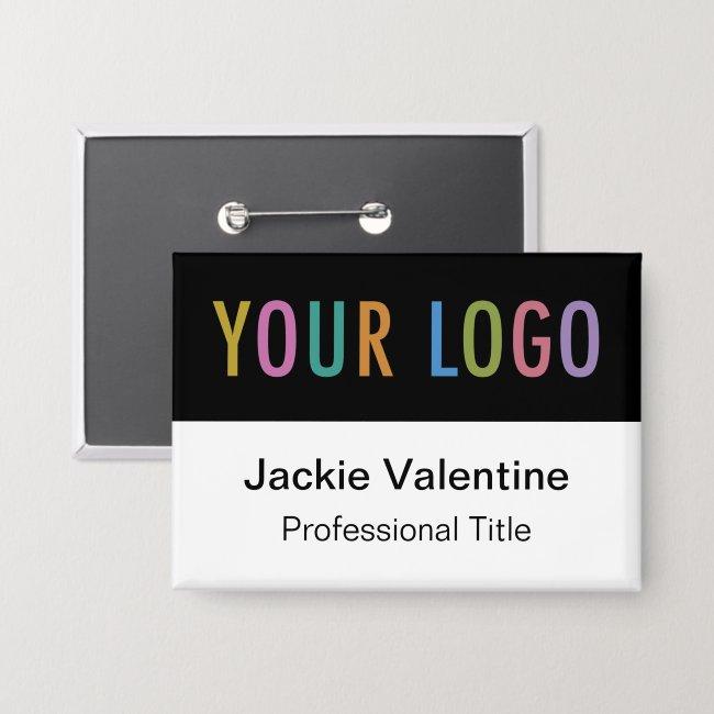 Pinback Button Name Badge with Logo Black Name Tag