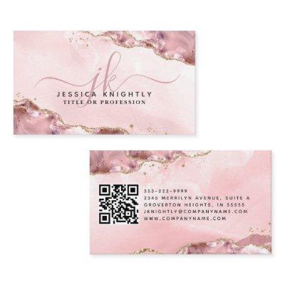 Pink Agate Script Monogram Gold Glitter QR
