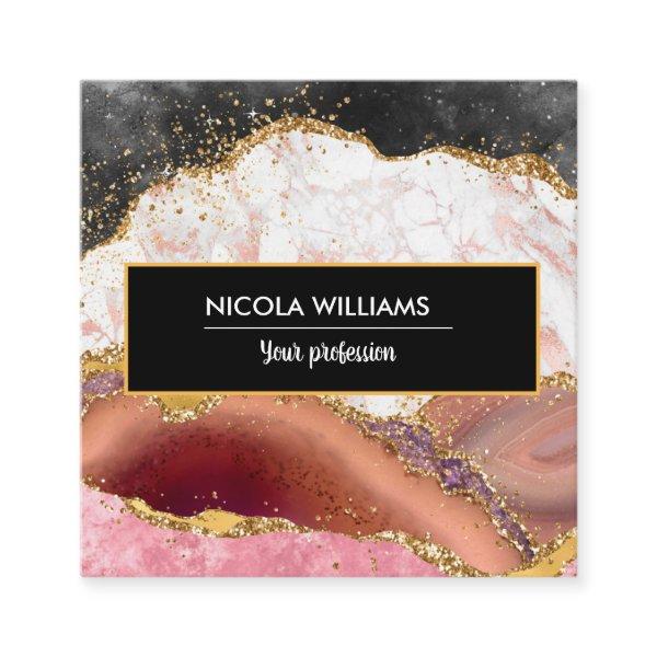 Pink and Black Glitter Marble Agate Square