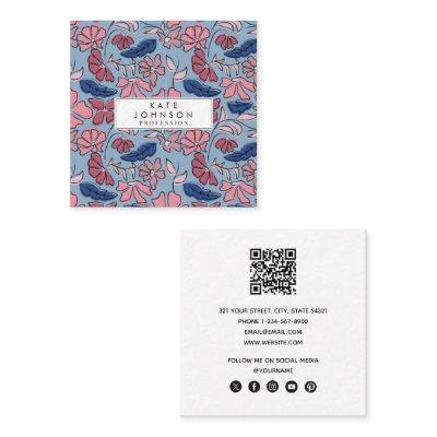 Pink and Blue Hand Drawn Floral Block Print Square