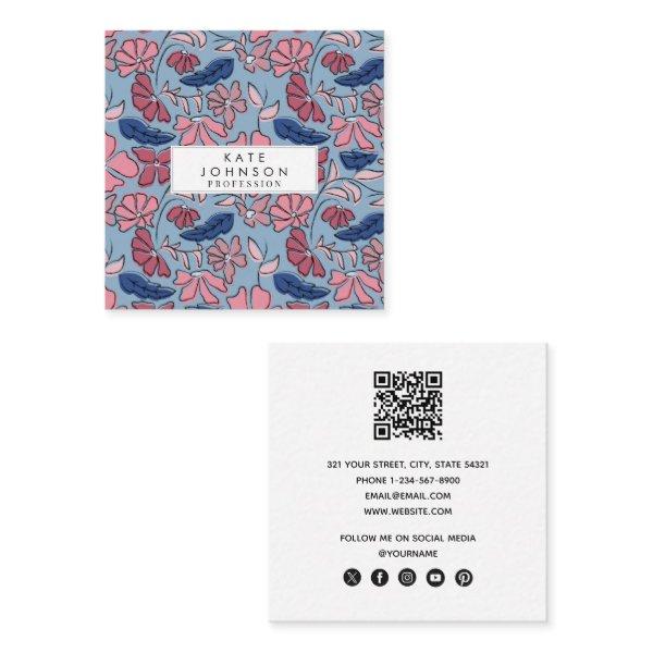 Pink and Blue Hand Drawn Floral Block Print Square