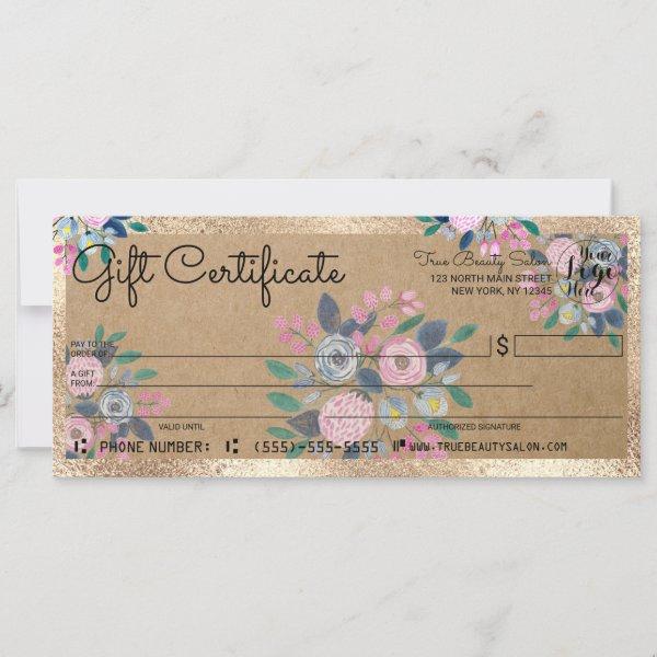 Pink Blue Floral Gold Kraft Check Gift Certificate