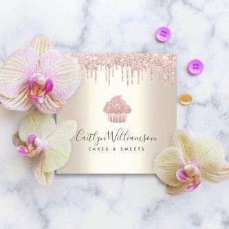Pink Cupcake Glitter Drips Pastry Chef Bakery Gold Square