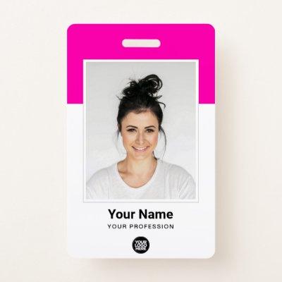 Pink Employee huge Photo Qr Bar Code Logo Name Badge